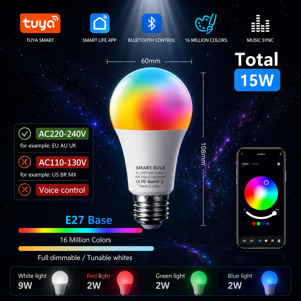 Bombilla LED Bluetooth Tuya regulable 15W 18W E27 B22 220V RGBCW lámparas que cambian de Color aplicación Smart Life Control de grupo sincronización de ritmo musical