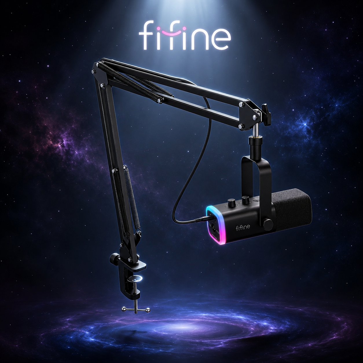 FIFINE-Kit de micrófono para juegos XLR/USB con conector para auriculares/silencio/RGB/soporte de brazo, conjunto de micrófono dinámico para PC PS5/4, mezclador AmpliGame AM8T