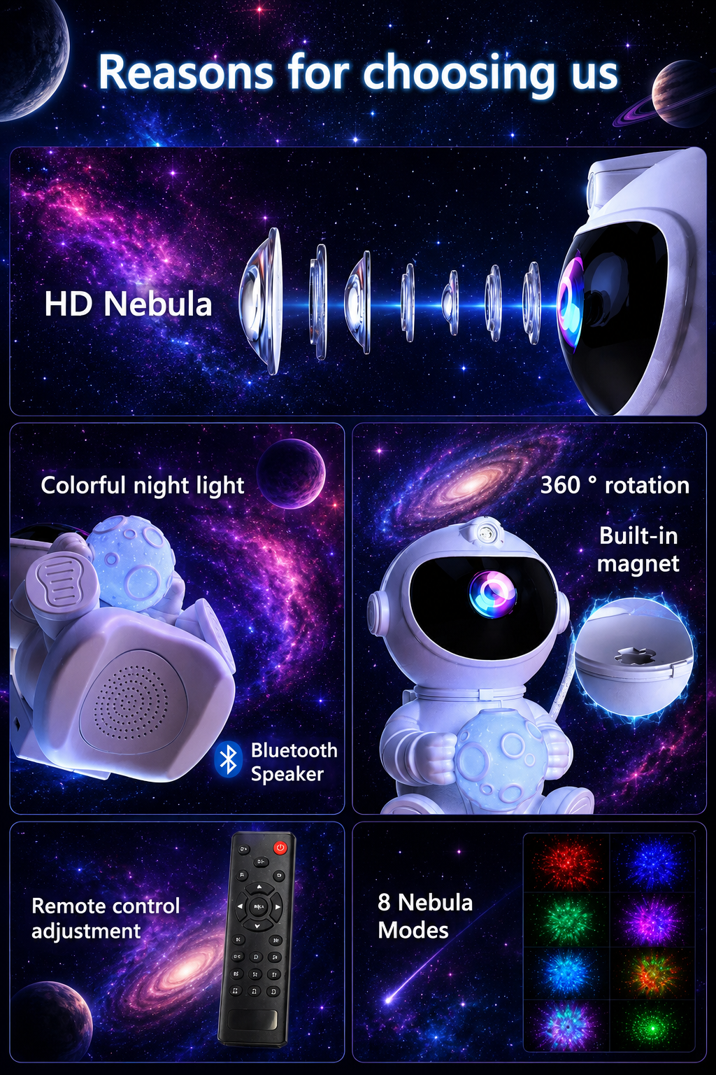 Proyector de estrellas LED de astronauta, luz nocturna, proyectores de galaxia, Altavoz Bluetooth para decoración de dormitorio y habitación, regalo para niños, lámpara de cielo estrellado