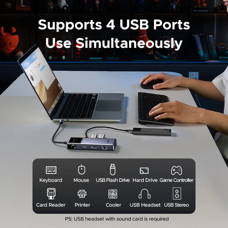 UGREEN Uno USB C HUB tipo C a 4K60Hz 2K120Hz HDMI 1000Mbps RJ45 PD100W USB3.0 divisor para accesorios de ordenador portátil MacBook Docking