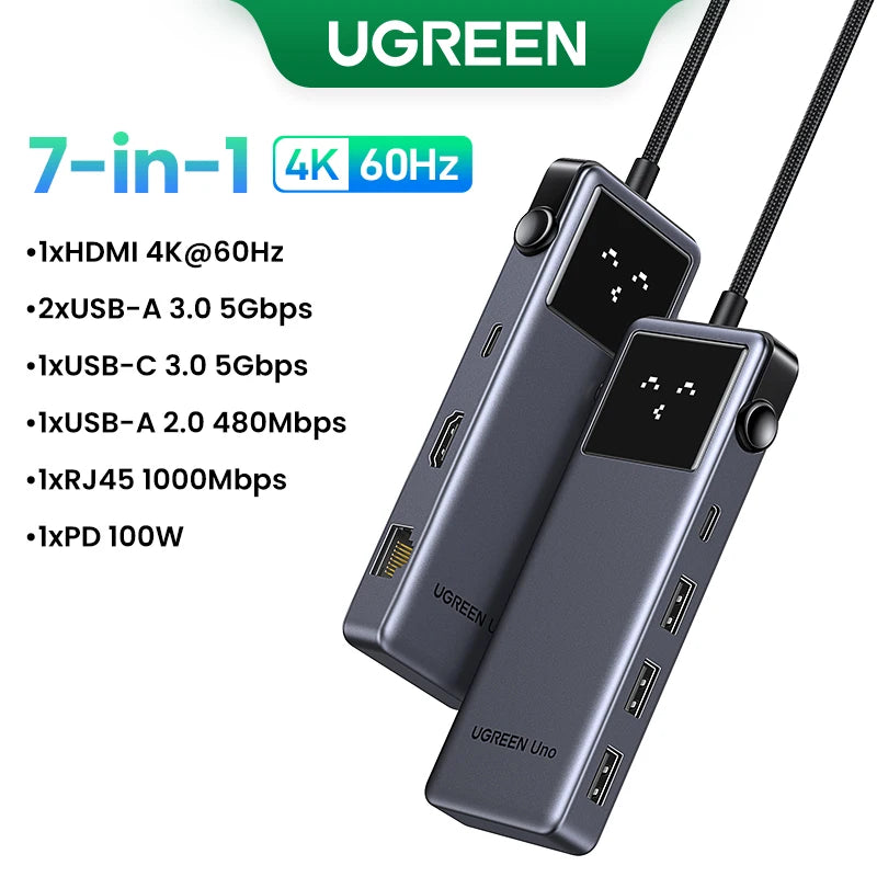 UGREEN Uno USB C HUB tipo C a 4K60Hz 2K120Hz HDMI 1000Mbps RJ45 PD100W USB3.0 divisor para accesorios de ordenador portátil MacBook Docking