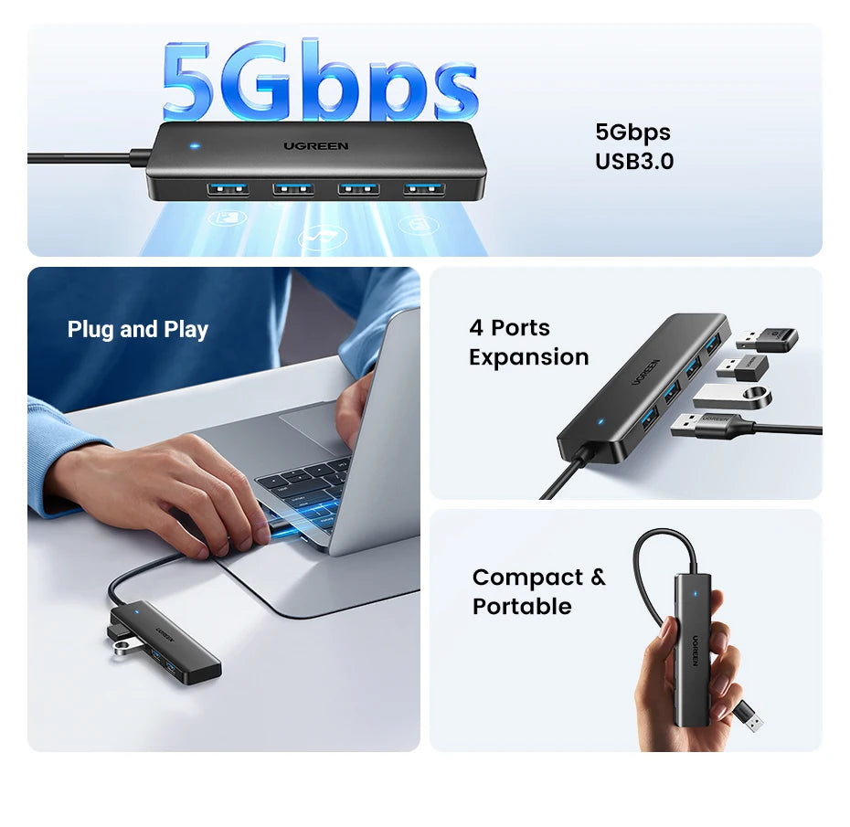 UGREEN-Hub USB 3,0 con 4 puertos, HUB delgado para ratón, teclado Compatible con MacBook Pro Air, ordenador portátil, PC de escritorio, Xbox, PS5, divisor