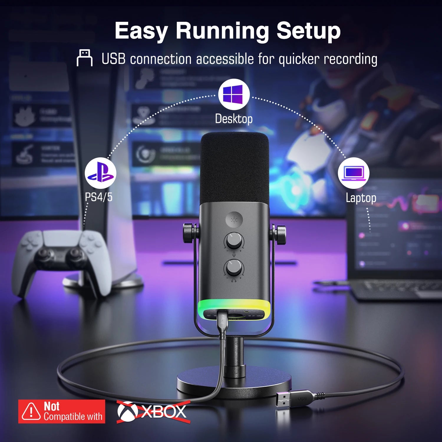 FIFINE-micrófono dinámico USB/XLR con botón de silencio táctil, Conector de auriculares, controles de E/S, para PC, mezclador de PS5/4, amplificador de micrófono para juegos AM8