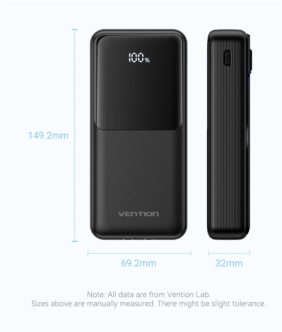 Vention Power Bank 20000mAh — Carga Rápida 22,5W con Cables Integrados