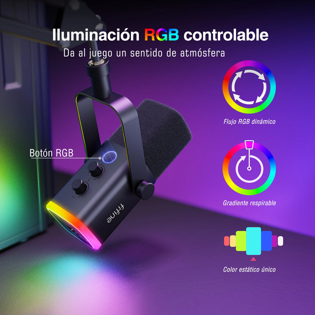 FIFINE-Kit de micrófono para juegos XLR/USB con conector para auriculares/silencio/RGB/soporte de brazo, conjunto de micrófono dinámico para PC PS5/4, mezclador AmpliGame AM8T