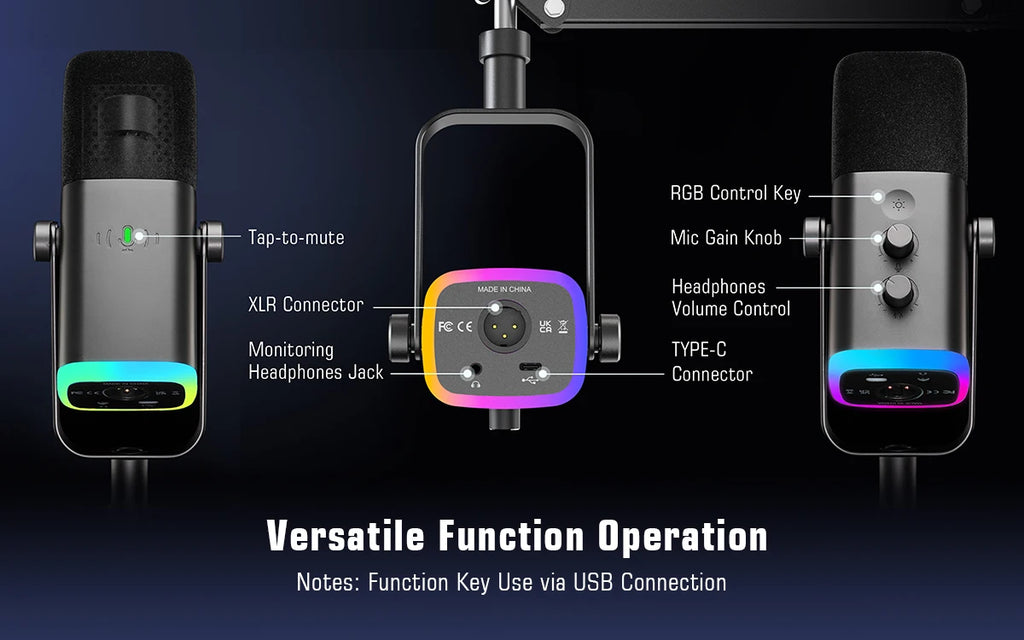 FIFINE-Kit de micrófono para juegos XLR/USB con conector para auriculares/silencio/RGB/soporte de brazo, conjunto de micrófono dinámico para PC PS5/4, mezclador AmpliGame AM8T