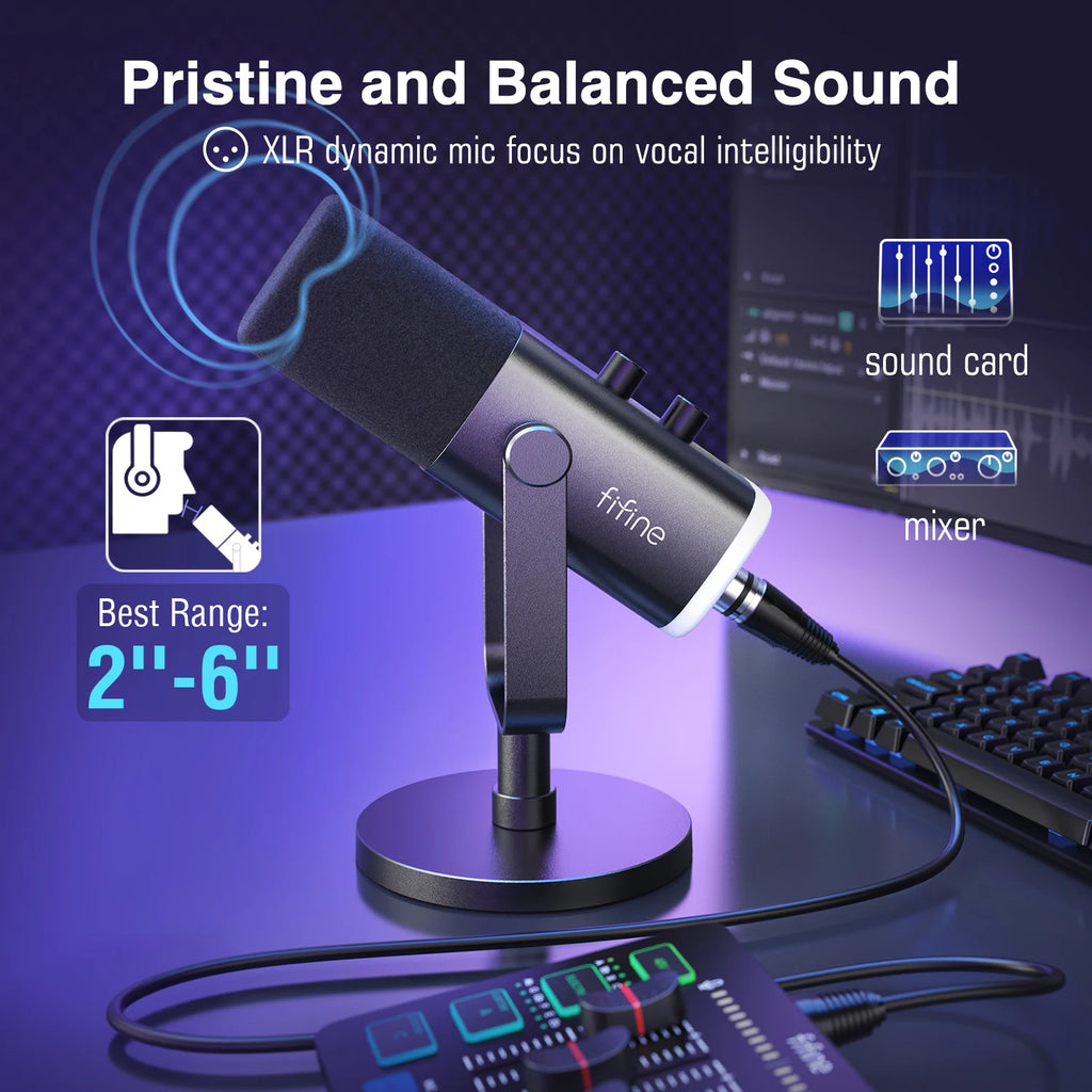 FIFINE-micrófono dinámico USB/XLR con botón de silencio táctil, Conector de auriculares, controles de E/S, para PC, mezclador de PS5/4, amplificador de micrófono para juegos AM8