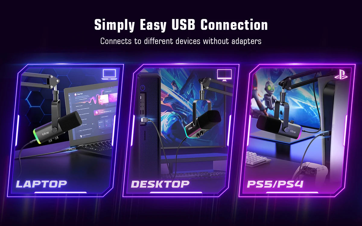 FIFINE-Kit de micrófono para juegos XLR/USB con conector para auriculares/silencio/RGB/soporte de brazo, conjunto de micrófono dinámico para PC PS5/4, mezclador AmpliGame AM8T