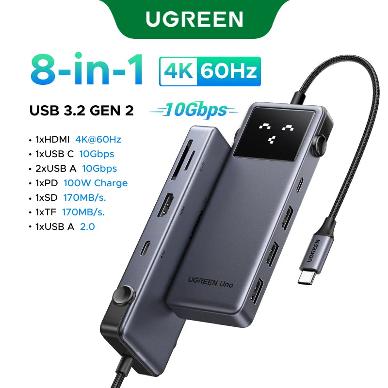 UGREEN Uno USB C HUB tipo C a 4K60Hz 2K120Hz HDMI 1000Mbps RJ45 PD100W USB3.0 divisor para accesorios de ordenador portátil MacBook Docking