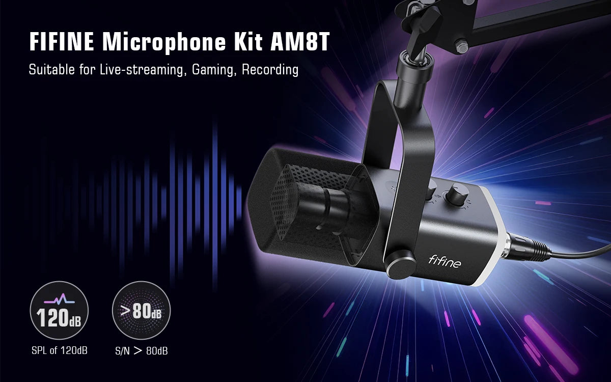 FIFINE-Kit de micrófono para juegos XLR/USB con conector para auriculares/silencio/RGB/soporte de brazo, conjunto de micrófono dinámico para PC PS5/4, mezclador AmpliGame AM8T