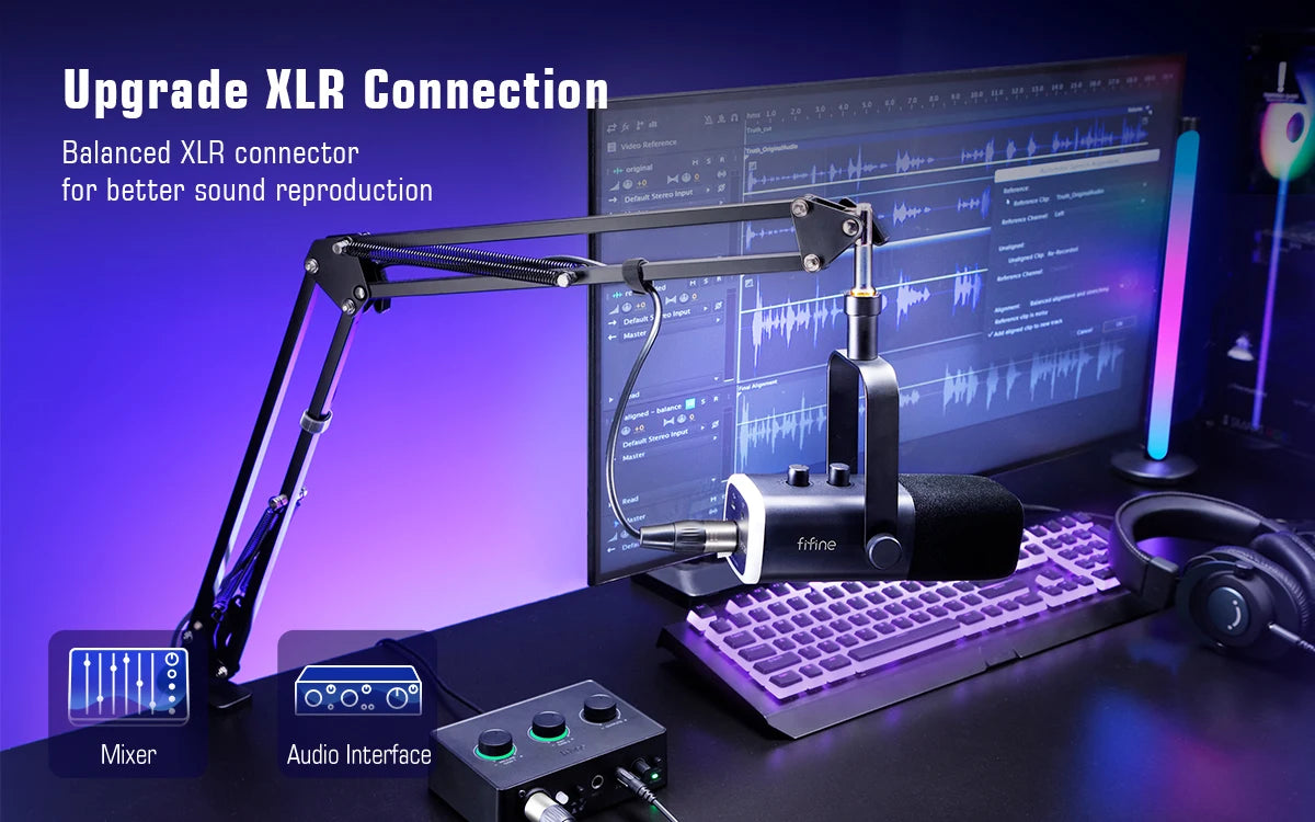FIFINE-Kit de micrófono para juegos XLR/USB con conector para auriculares/silencio/RGB/soporte de brazo, conjunto de micrófono dinámico para PC PS5/4, mezclador AmpliGame AM8T