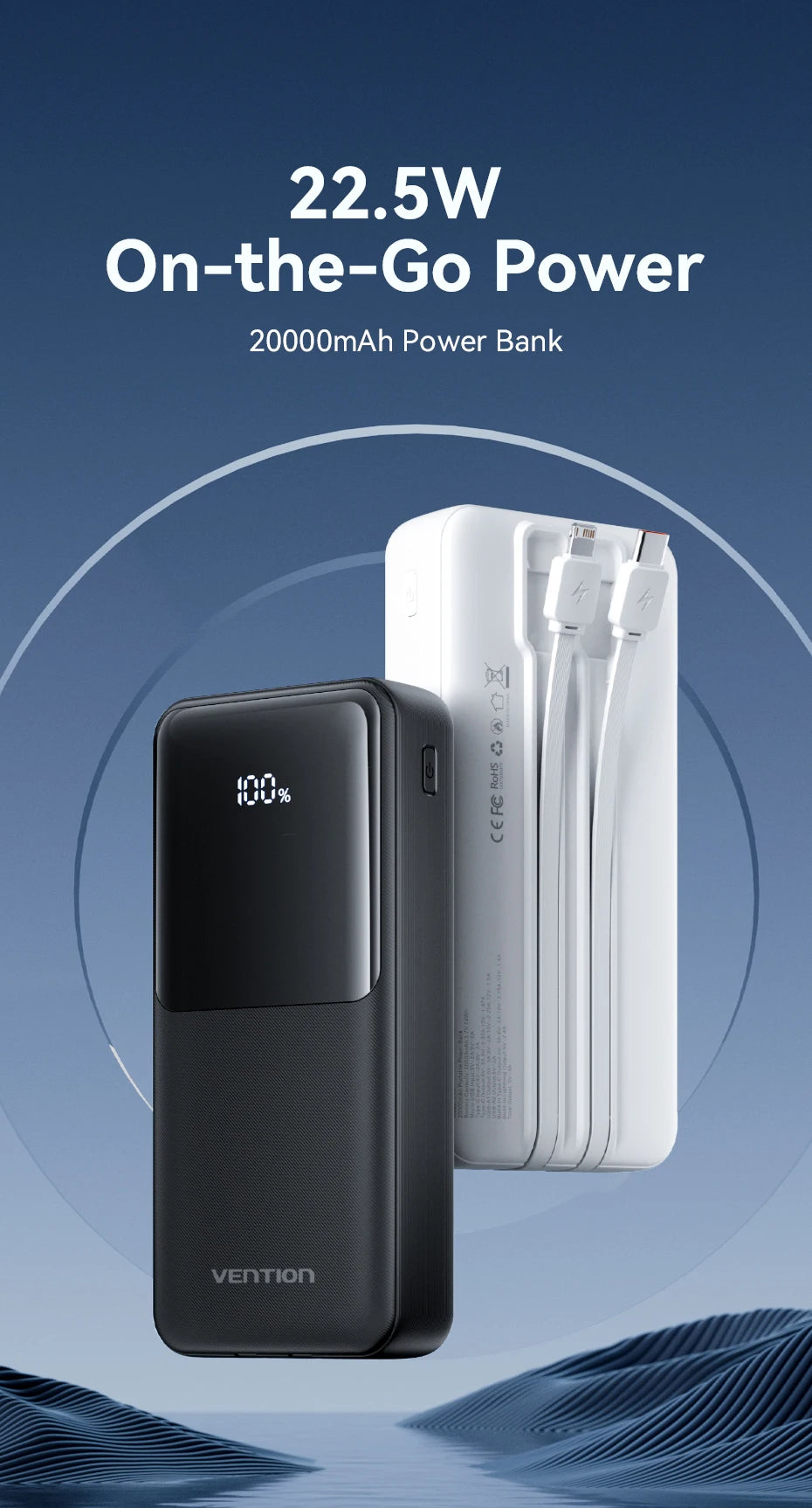 Vention Power Bank 20000mAh — Carga Rápida 22,5W con Cables Integrados