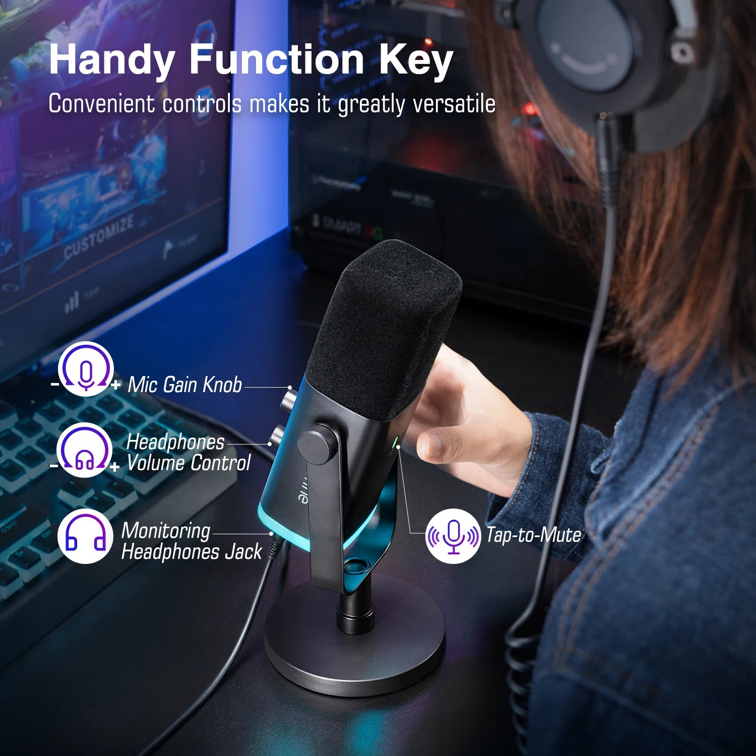 FIFINE-micrófono dinámico USB/XLR con botón de silencio táctil, Conector de auriculares, controles de E/S, para PC, mezclador de PS5/4, amplificador de micrófono para juegos AM8