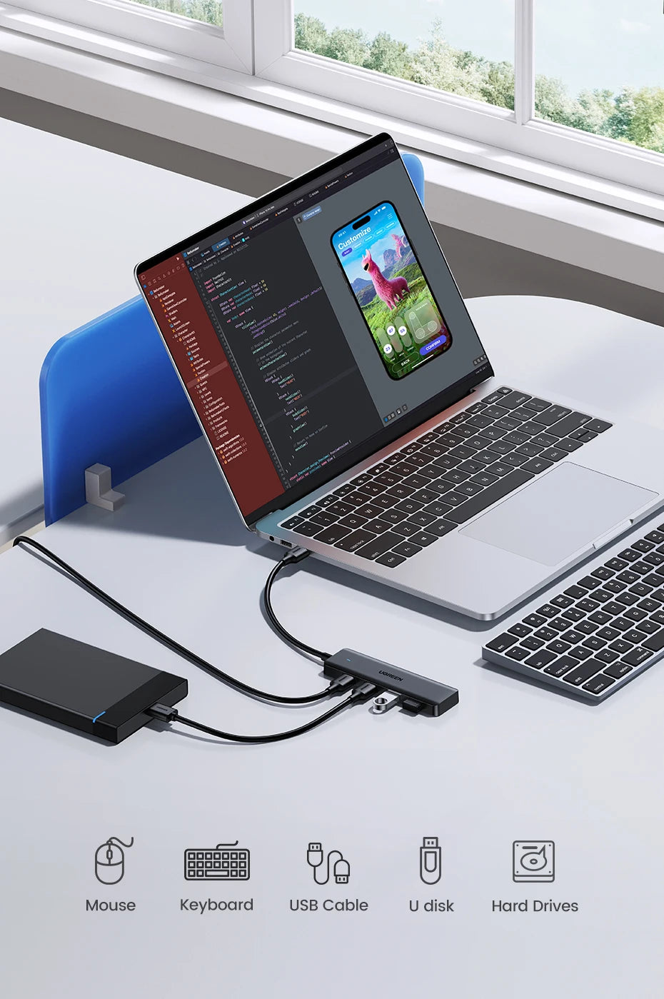 UGREEN-Hub USB 3,0 con 4 puertos, HUB delgado para ratón, teclado Compatible con MacBook Pro Air, ordenador portátil, PC de escritorio, Xbox, PS5, divisor