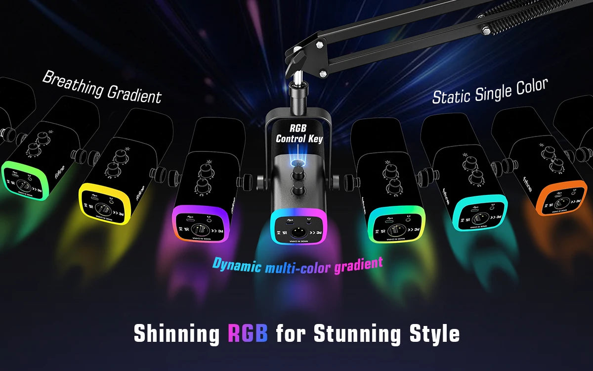 FIFINE-Kit de micrófono para juegos XLR/USB con conector para auriculares/silencio/RGB/soporte de brazo, conjunto de micrófono dinámico para PC PS5/4, mezclador AmpliGame AM8T