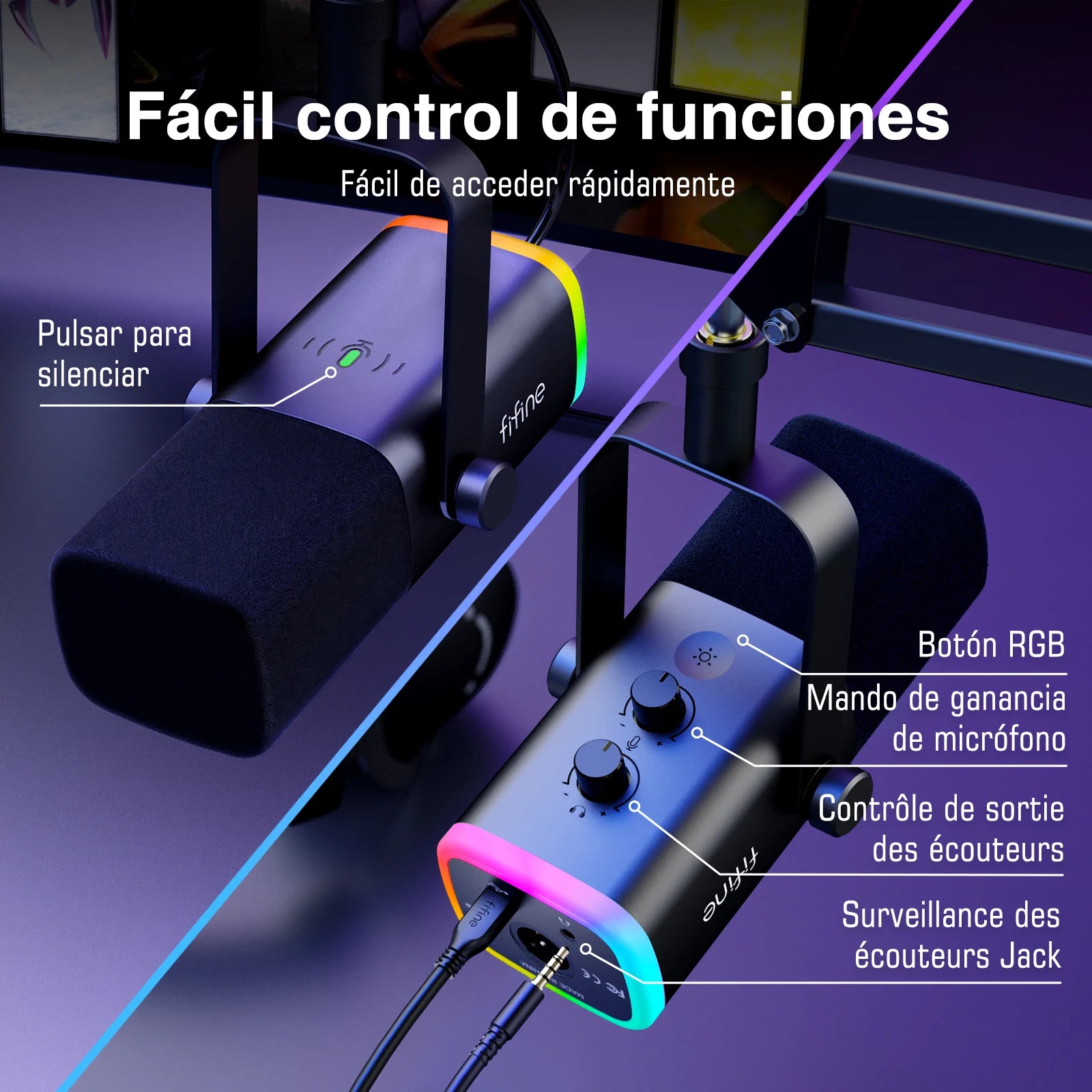 FIFINE-Kit de micrófono para juegos XLR/USB con conector para auriculares/silencio/RGB/soporte de brazo, conjunto de micrófono dinámico para PC PS5/4, mezclador AmpliGame AM8T