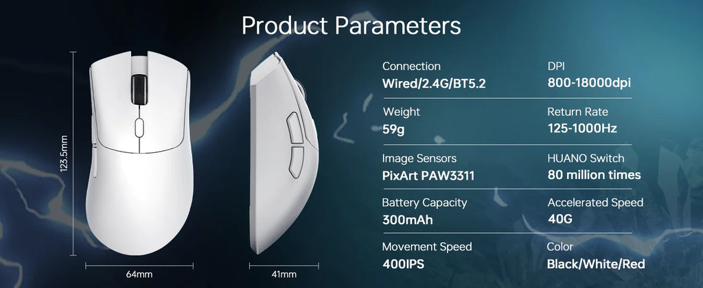 Ratón inalámbrico para juegos R1, conexión trimodo (2,4G/con cable/BT5.2), diseño ligero de 55g, Sensor óptico DPI de 18K, HUYU 20 millones Ke