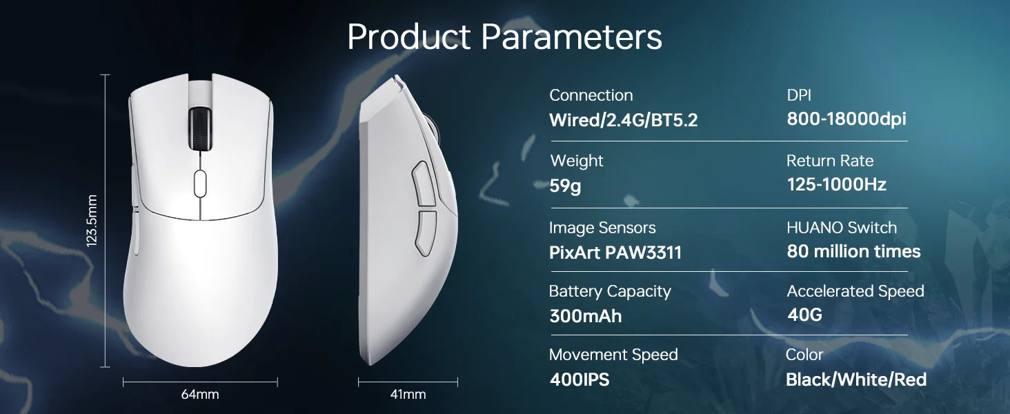 Ratón inalámbrico para juegos R1, conexión trimodo (2,4G/con cable/BT5.2), diseño ligero de 55g, Sensor óptico DPI de 18K, HUYU 20 millones Ke