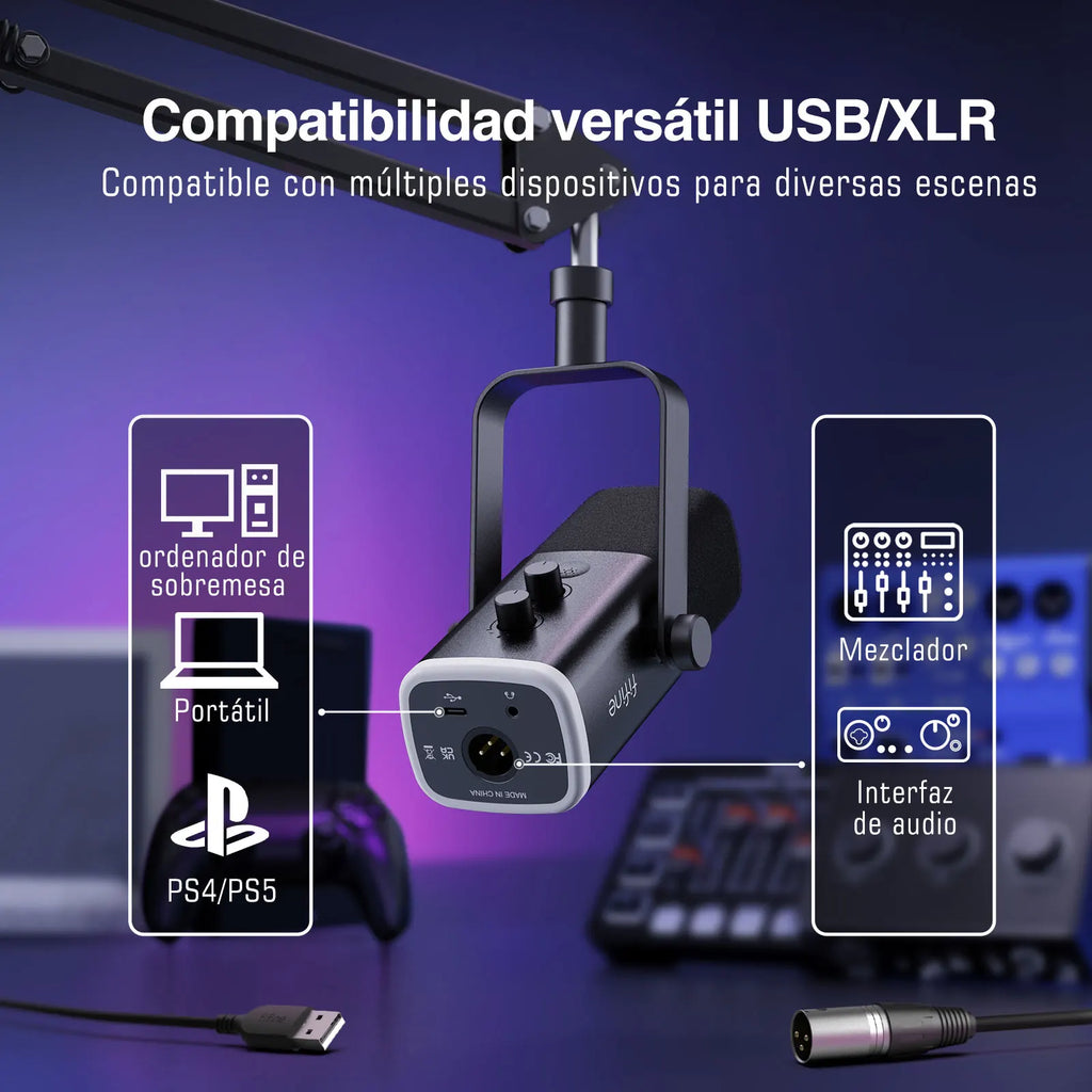 FIFINE-Kit de micrófono para juegos XLR/USB con conector para auriculares/silencio/RGB/soporte de brazo, conjunto de micrófono dinámico para PC PS5/4, mezclador AmpliGame AM8T