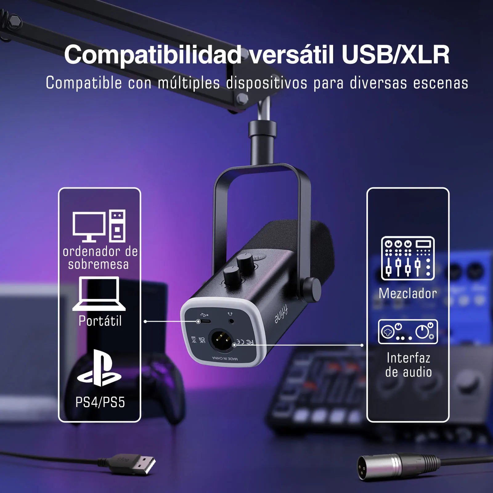 FIFINE-Kit de micrófono para juegos XLR/USB con conector para auriculares/silencio/RGB/soporte de brazo, conjunto de micrófono dinámico para PC PS5/4, mezclador AmpliGame AM8T