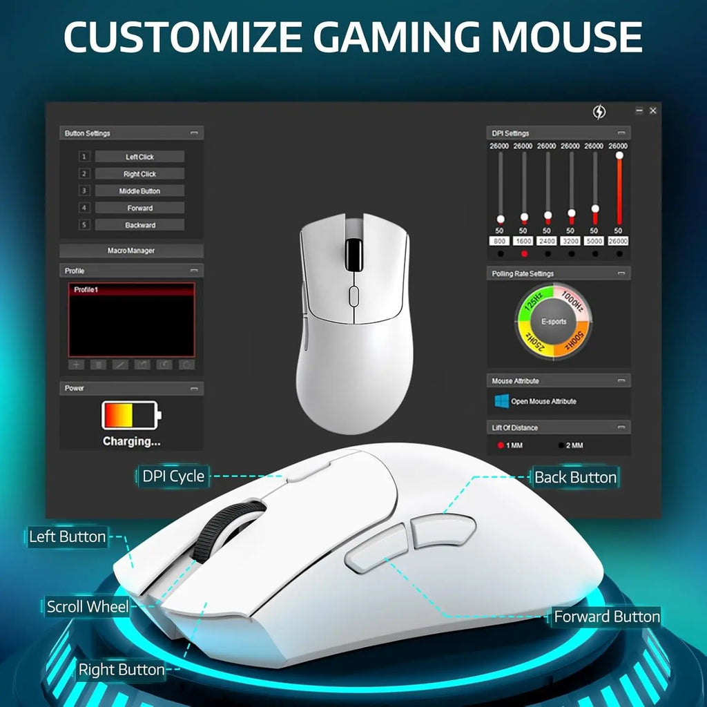 Ratón inalámbrico para juegos R1, conexión trimodo (2,4G/con cable/BT5.2), diseño ligero de 55g, Sensor óptico DPI de 18K, HUYU 20 millones Ke
