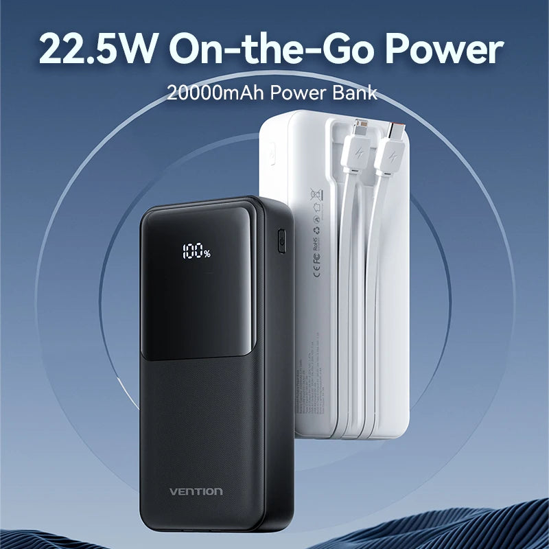 Vention Power Bank 20000mAh — Carga Rápida 22,5W con Cables Integrados