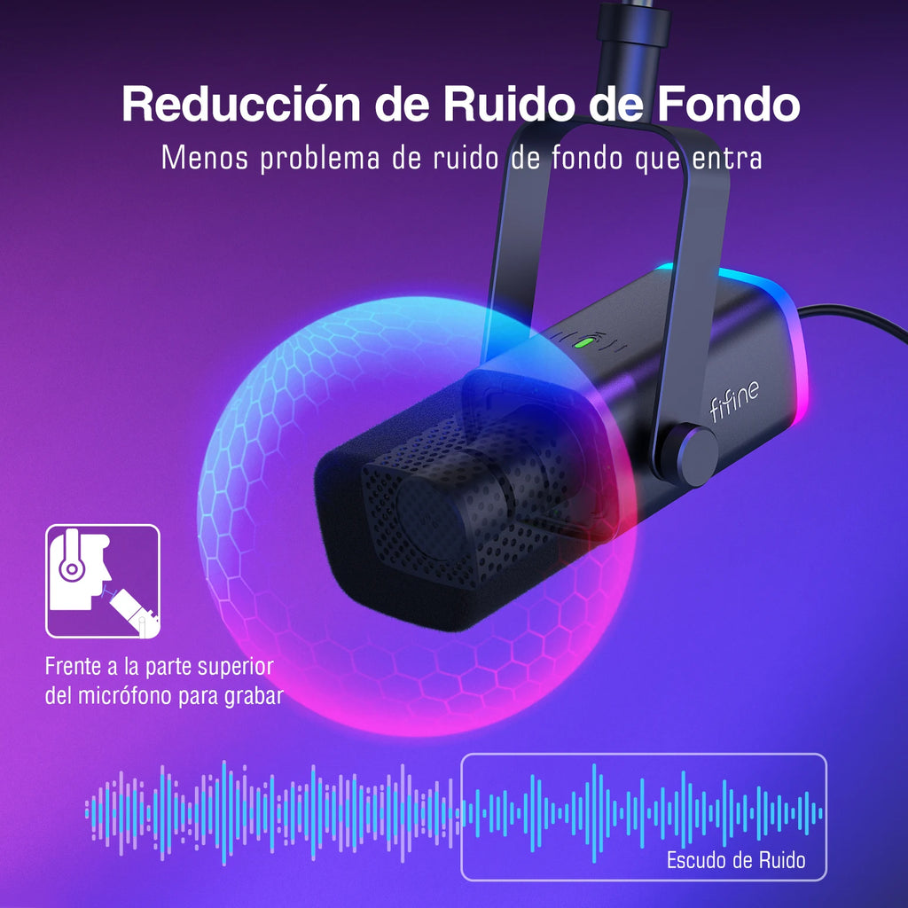FIFINE-Kit de micrófono para juegos XLR/USB con conector para auriculares/silencio/RGB/soporte de brazo, conjunto de micrófono dinámico para PC PS5/4, mezclador AmpliGame AM8T