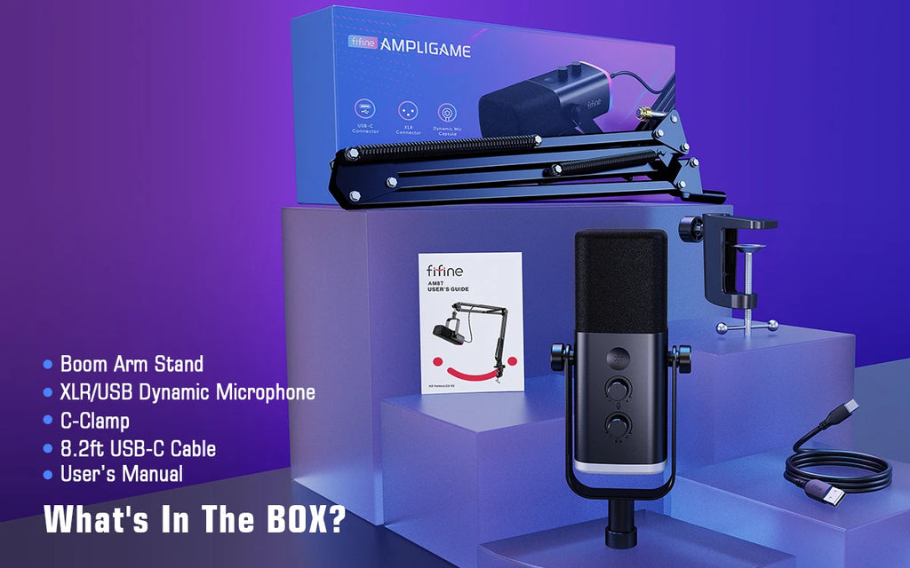 FIFINE-Kit de micrófono para juegos XLR/USB con conector para auriculares/silencio/RGB/soporte de brazo, conjunto de micrófono dinámico para PC PS5/4, mezclador AmpliGame AM8T