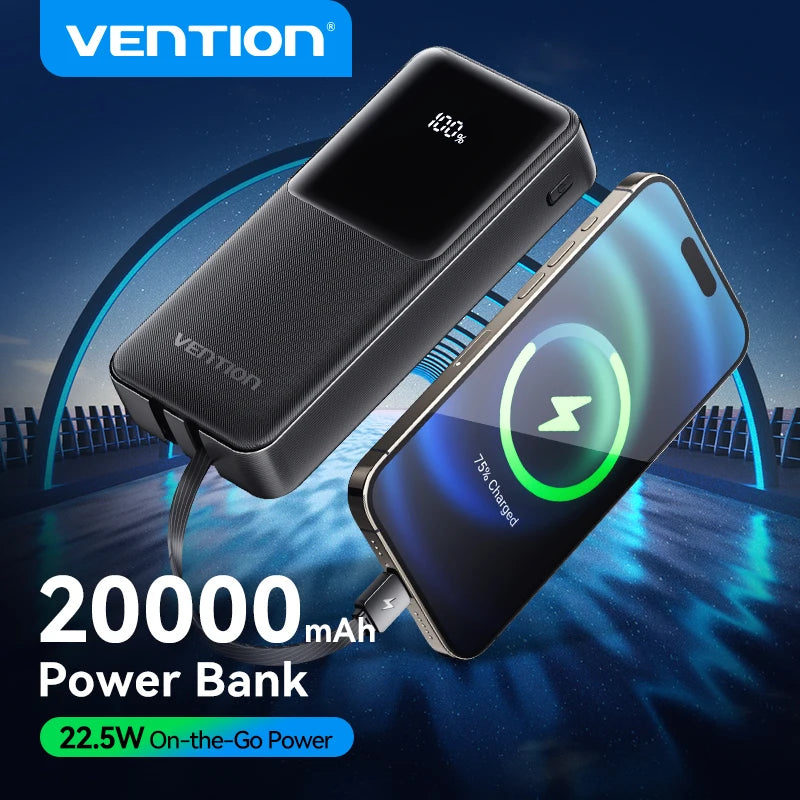 Vention Power Bank 20000mAh — Carga Rápida 22,5W con Cables Integrados