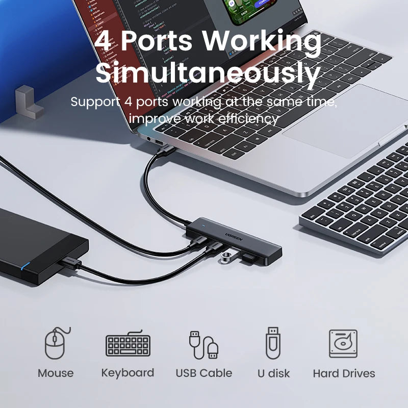 UGREEN-Hub USB 3,0 con 4 puertos, HUB delgado para ratón, teclado Compatible con MacBook Pro Air, ordenador portátil, PC de escritorio, Xbox, PS5, divisor