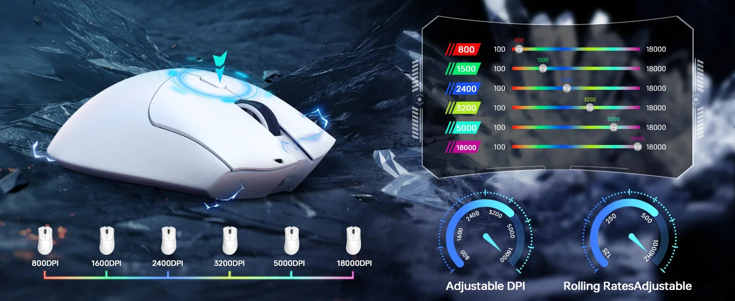 Ratón inalámbrico para juegos R1, conexión trimodo (2,4G/con cable/BT5.2), diseño ligero de 55g, Sensor óptico DPI de 18K, HUYU 20 millones Ke
