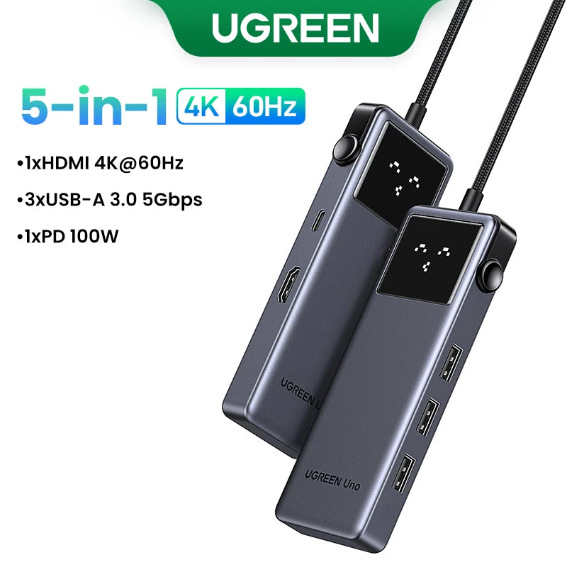 UGREEN Uno USB C HUB tipo C a 4K60Hz 2K120Hz HDMI 1000Mbps RJ45 PD100W USB3.0 divisor para accesorios de ordenador portátil MacBook Docking