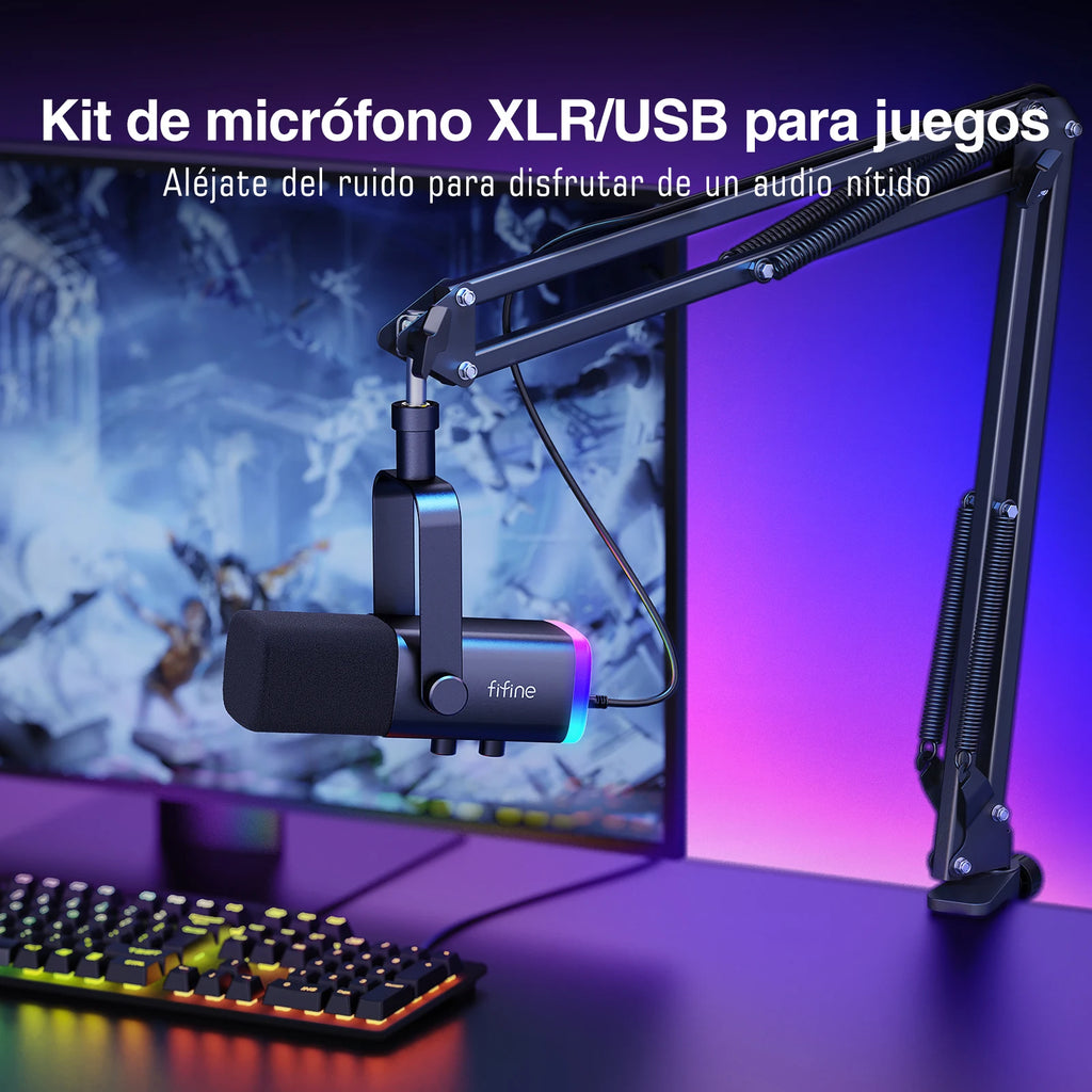 FIFINE-Kit de micrófono para juegos XLR/USB con conector para auriculares/silencio/RGB/soporte de brazo, conjunto de micrófono dinámico para PC PS5/4, mezclador AmpliGame AM8T
