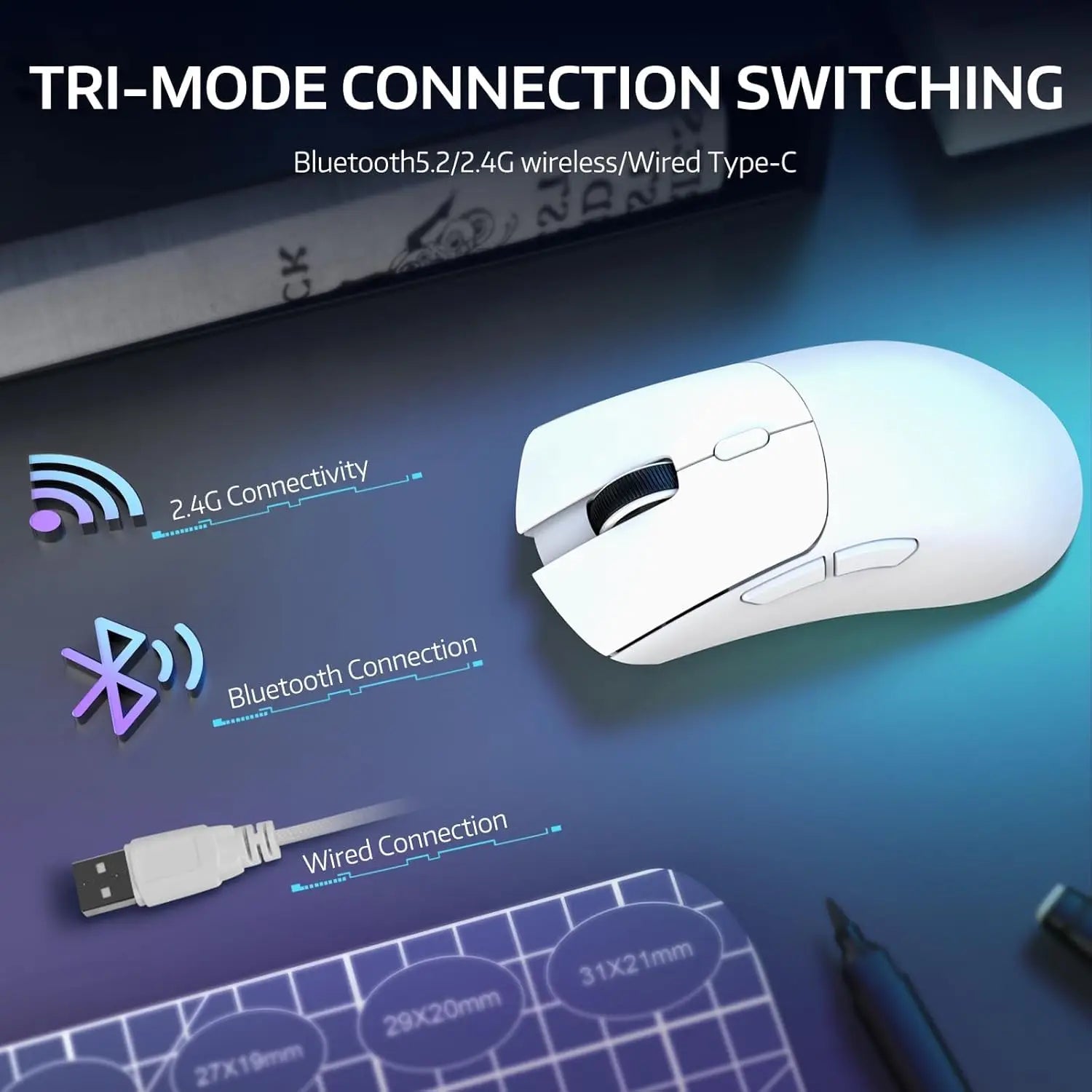 Ratón inalámbrico para juegos R1, conexión trimodo (2,4G/con cable/BT5.2), diseño ligero de 55g, Sensor óptico DPI de 18K, HUYU 20 millones Ke